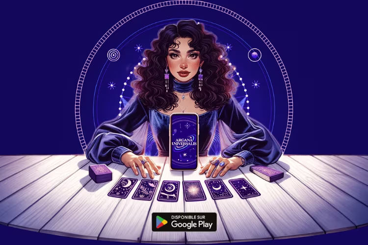 Photo promotionnel d'Arcana Universalis avec une femme se tenant devant un tarot