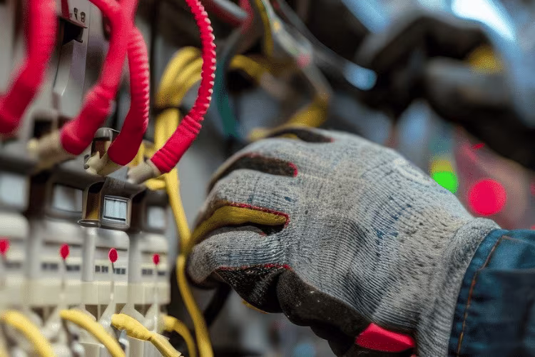 Photo d'un homme avec des gants qui répare un compteur éléctrique