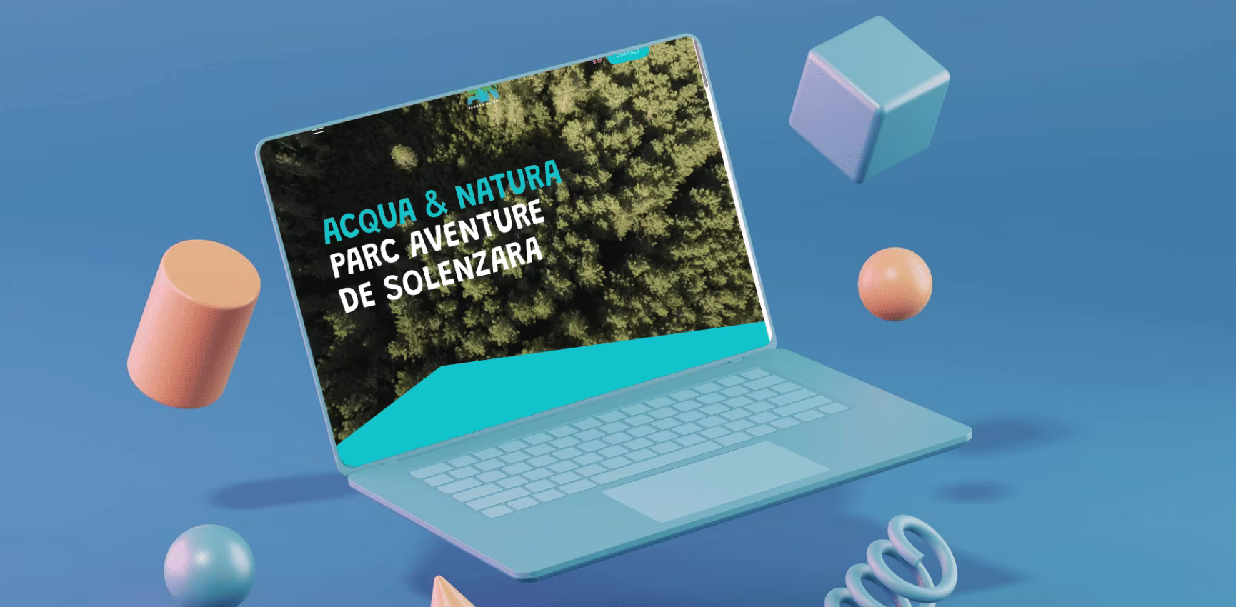 Site vitrine de acqua & natura affiché sur un MacBook bleu avec des forme 3D autour