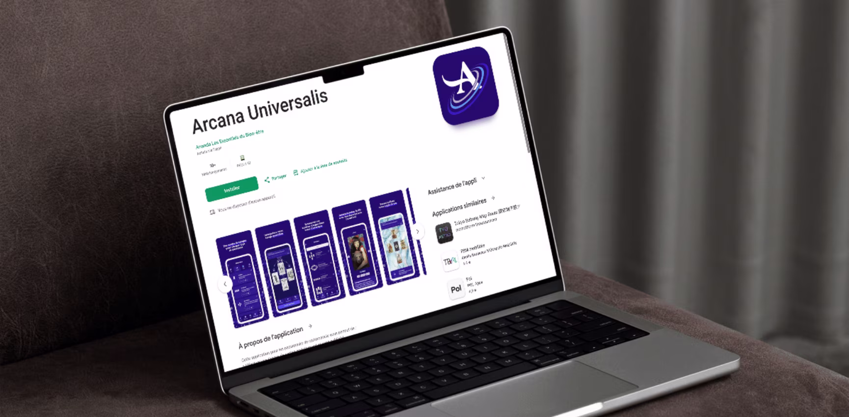 Page de l'application mobile Arcana Universalis affiché sur un MacBook