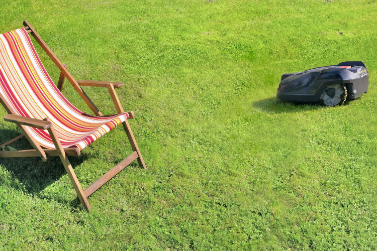 Photo d'un jardin avec une chaise longue et un robot tondeuse