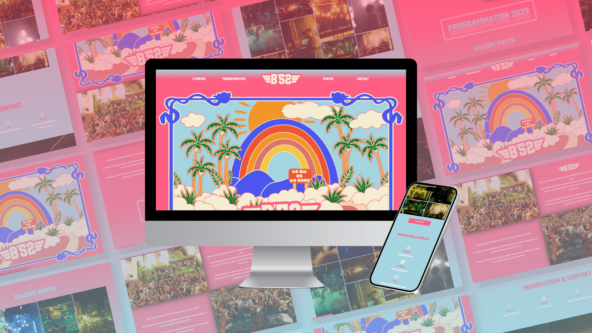 Représentation du site du B52 à travers un mockup dans un Pc portable et un téléphone avec en fond les pages du sites